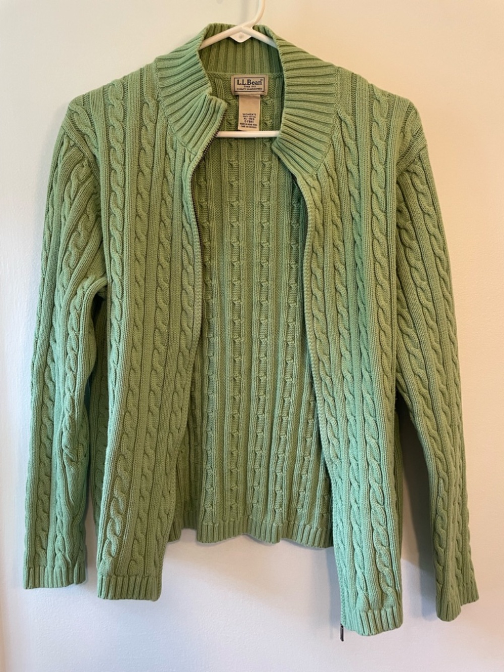 L.L. Bean vintage sage green double cable knit full zip cardigan sweater size XL